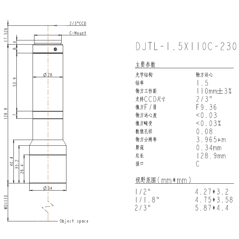 DJTL-1.5X110C-230遠(yuǎn)心鏡頭規(guī)格書