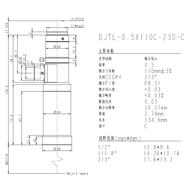 DJTL-0.5X110C-230-C遠(yuǎn)心鏡頭規(guī)格書